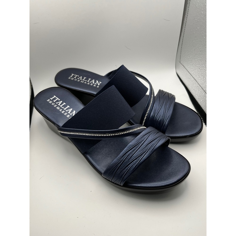 Italian Shoemakers Womens Navy Blue Wedge Sandals Rhinestone Slide Shoes Size 10